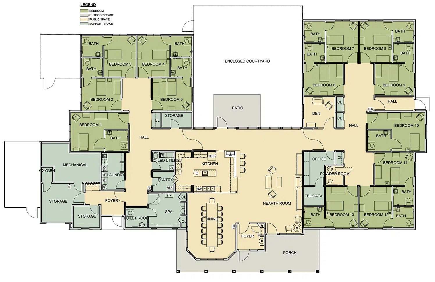 Floor plan of a cottage: thirteen private bedrooms, each with its own bath, in two wings around a central hearth room, open kitchen and dining room, plus a spa, den, front porch, patio and enclosed courtyard